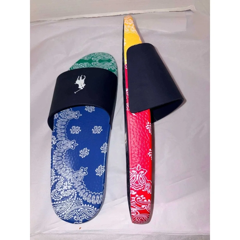 Polo Ralph Lauren Slides Mens 13 Bandana Paisley Multicolor Navy Sandals